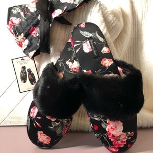 Victoria’s Secret Fur trimmed Satin Slippers. Size medium 7-8